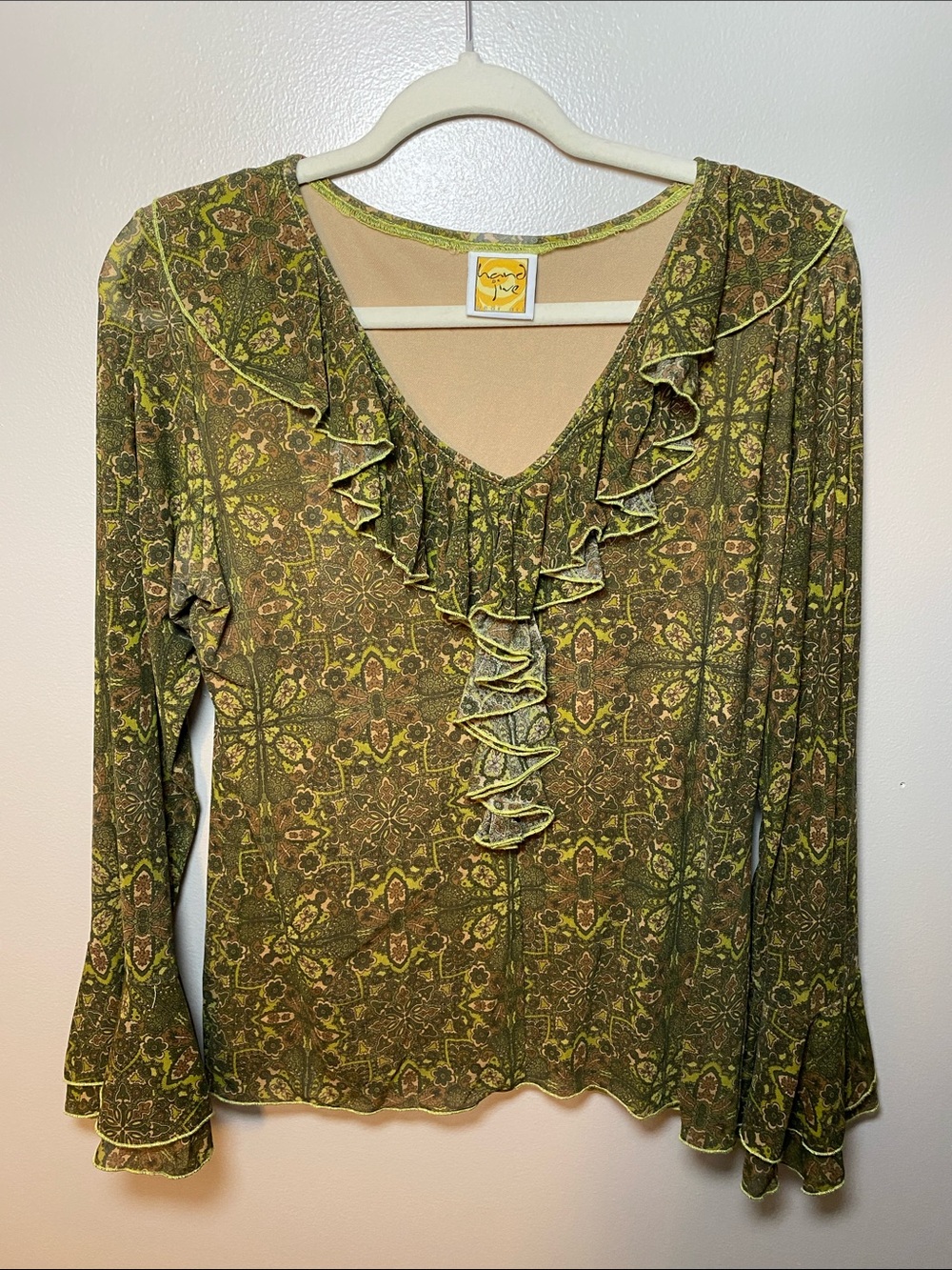 Hand Jive Green psychedelic kaleidoscope floral print Bell Sleeve Ruffle Mesh M